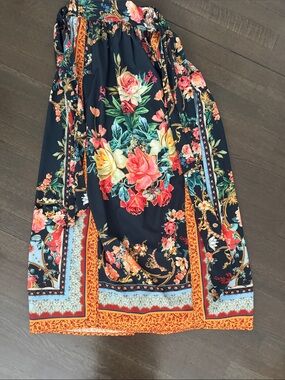 Agua Bendita Navy Floral Border Midi Skirt with Coral and Teal Accents